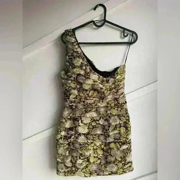 Zara ruched  one shoulder mini floral Black Gold Short Party Dress size S - Picture 6 of 9